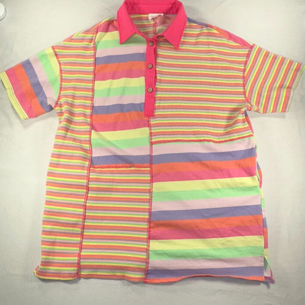 Fantastic Fawn Multi Stripe Patchwork Loose Fit T-Shirt Dress Bright Colors Lg